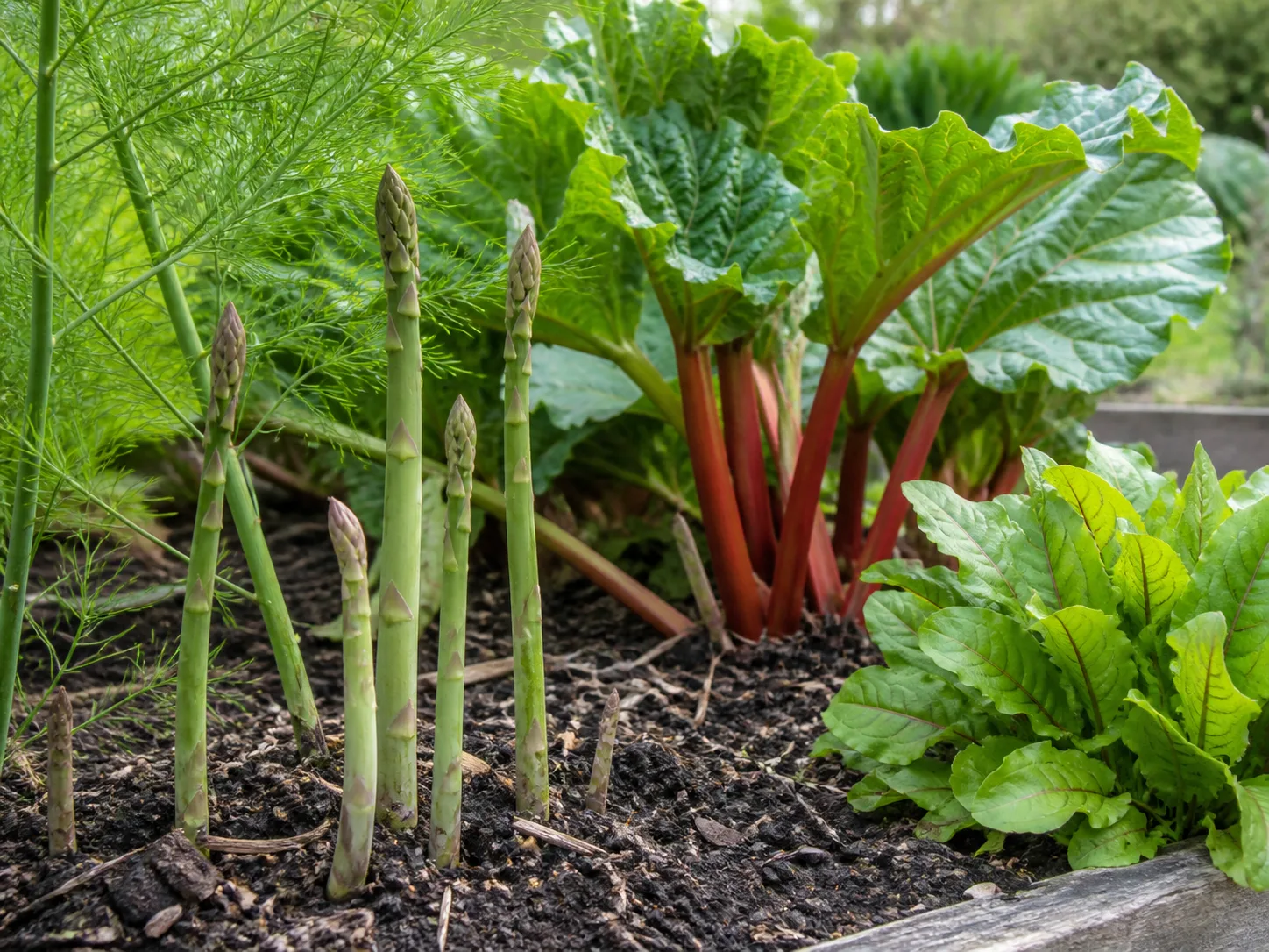 Fresh leafy vegetables growing together in a raised garden bed