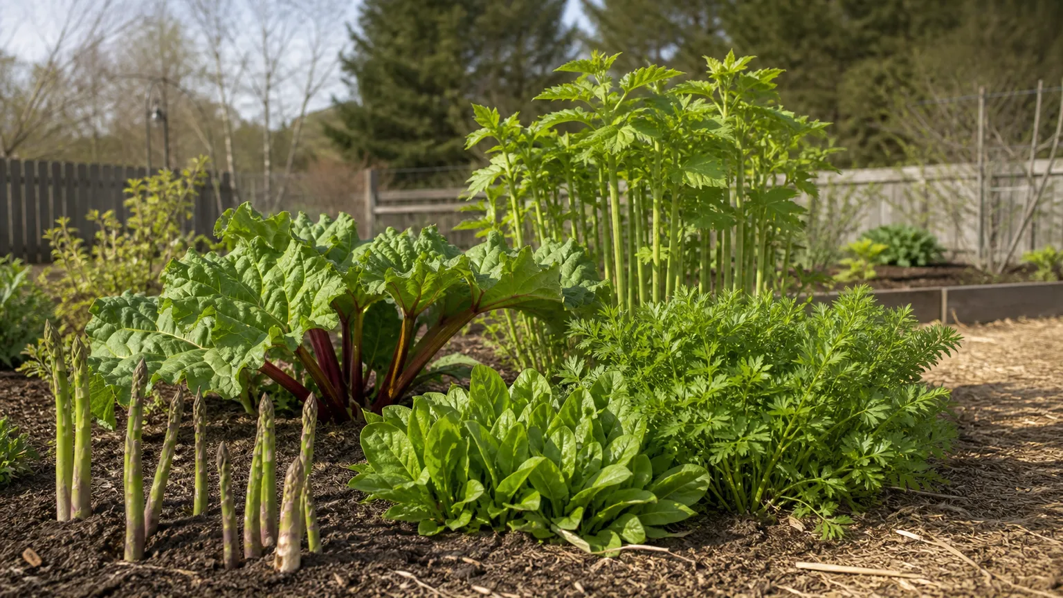 Outdoor vegetable garden bed with leafy crops and carrots