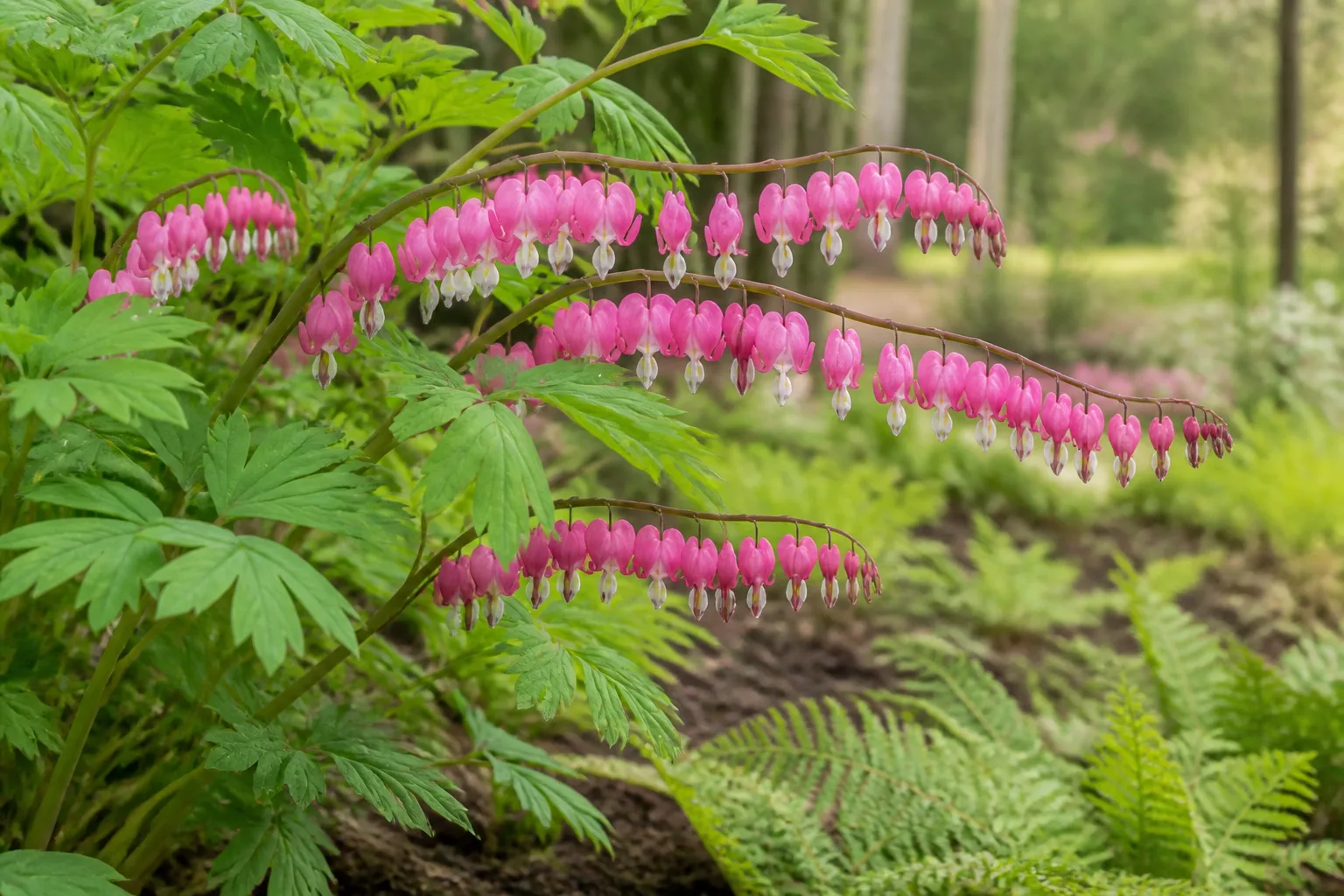 Pink bleeding heart flowers arching above emerging hosta leaves in early spring