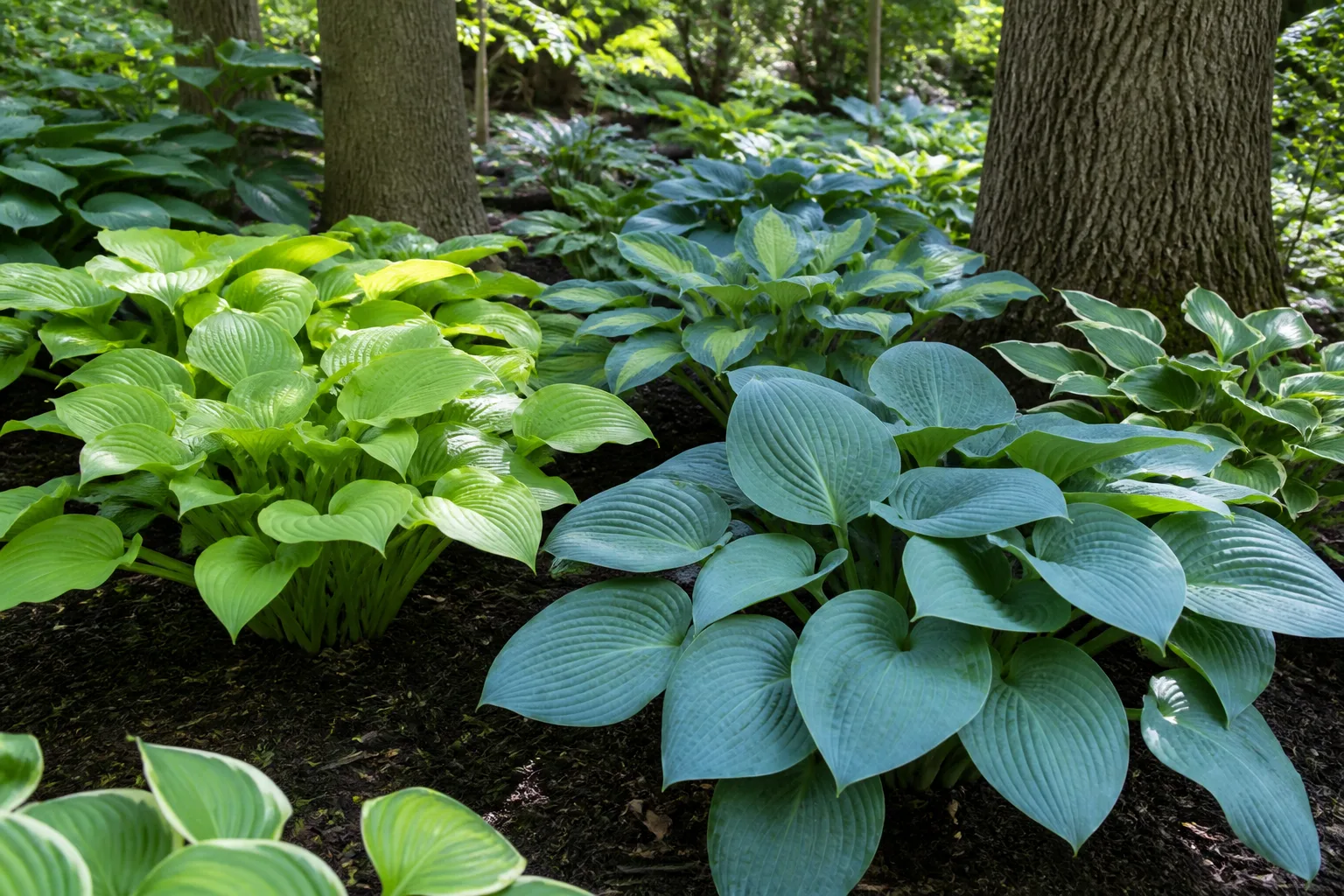 Blue and green hosta clumps in a layered shade garden border with companion perennials