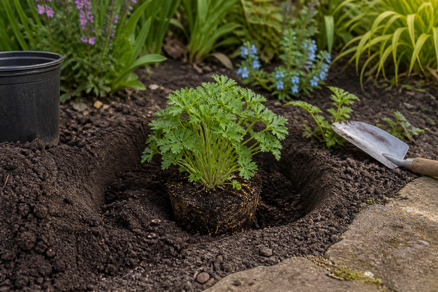 Gardener planting a container-grown perennial at the correct soil depth in a garden bed