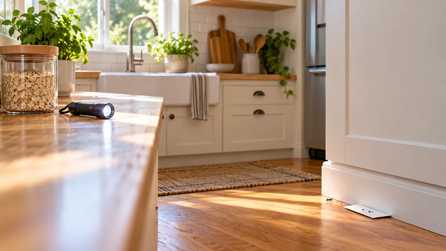 Bright kitchen with sealed food, a flashlight, and a small insect monitor at the baseboard