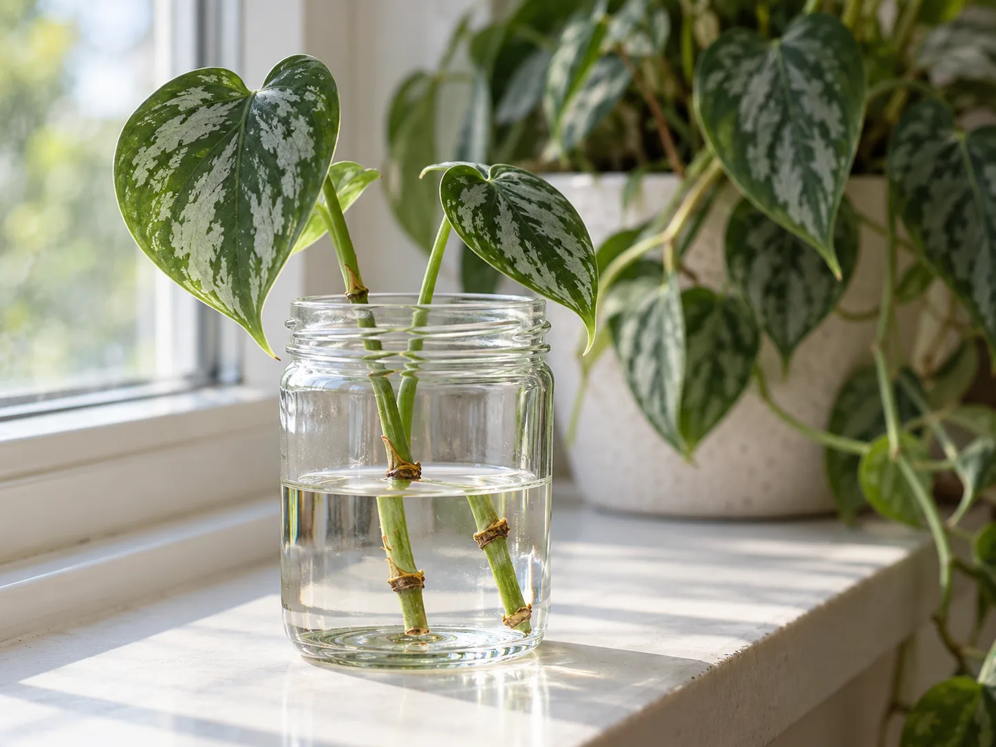 Philodendron brandtianum stem cuttings with their nodes below the waterline