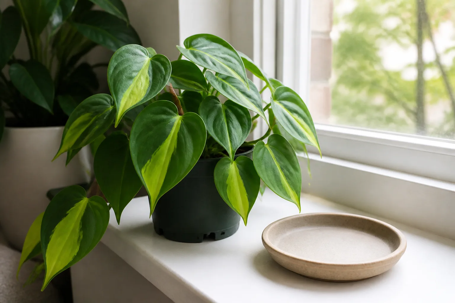 Seven-day Philodendron Brasil setup checklist with bright window placement and drainage check