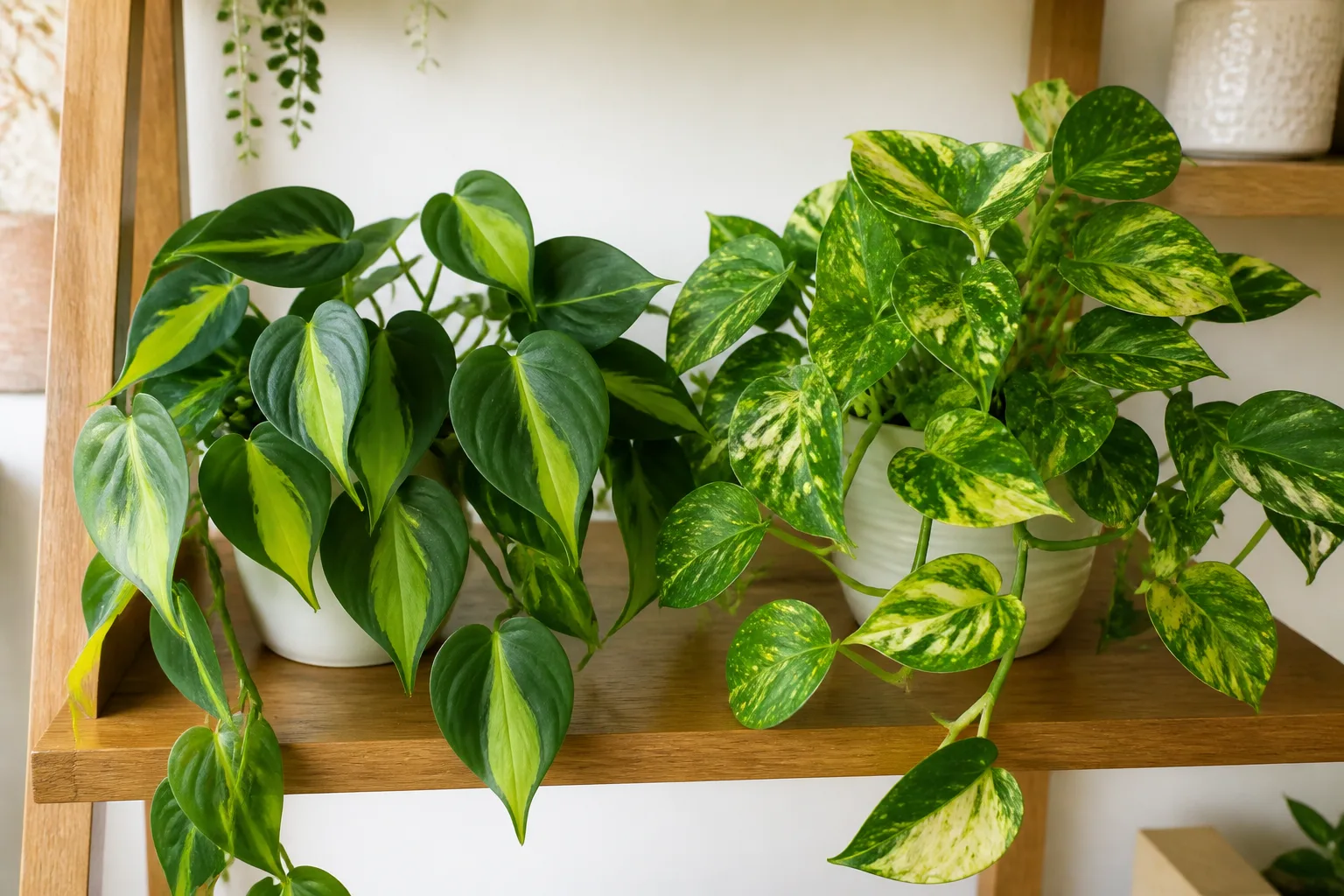 Philodendron Brasil heart-shaped leaves with lime-green center stripe beside pothos for comparison