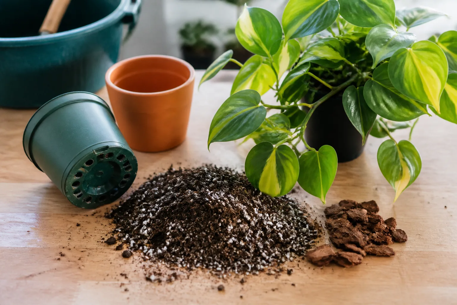 Airy potting mix, perlite, bark, and containers arranged for a trailing philodendron