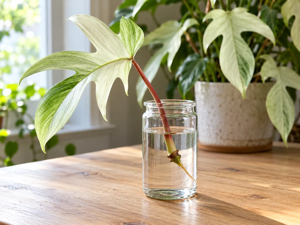 A Florida Ghost stem cutting roots in water with its node below the surface and leaf above.