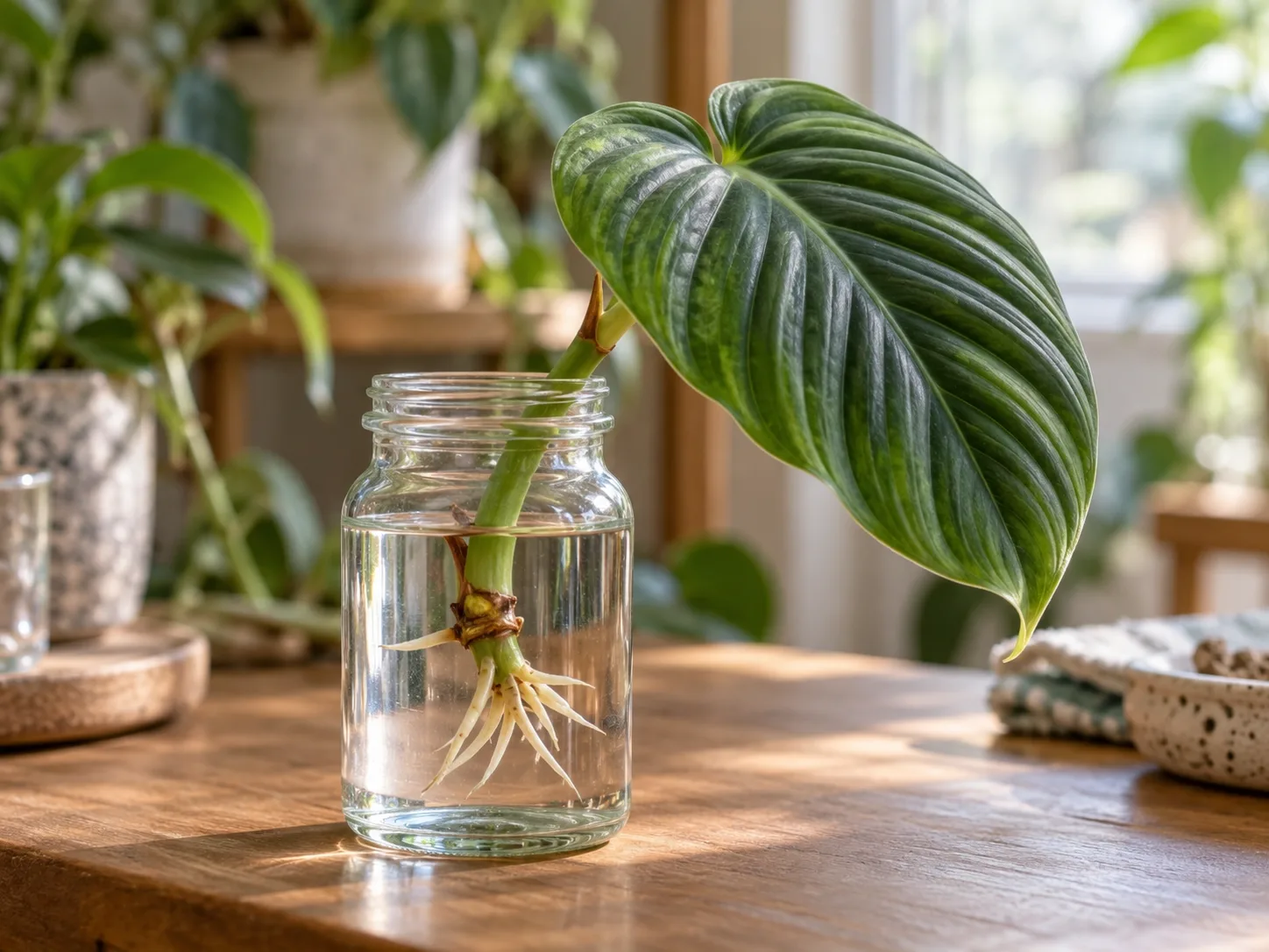 Philodendron stem cutting showing a node that can produce roots and a new shoot