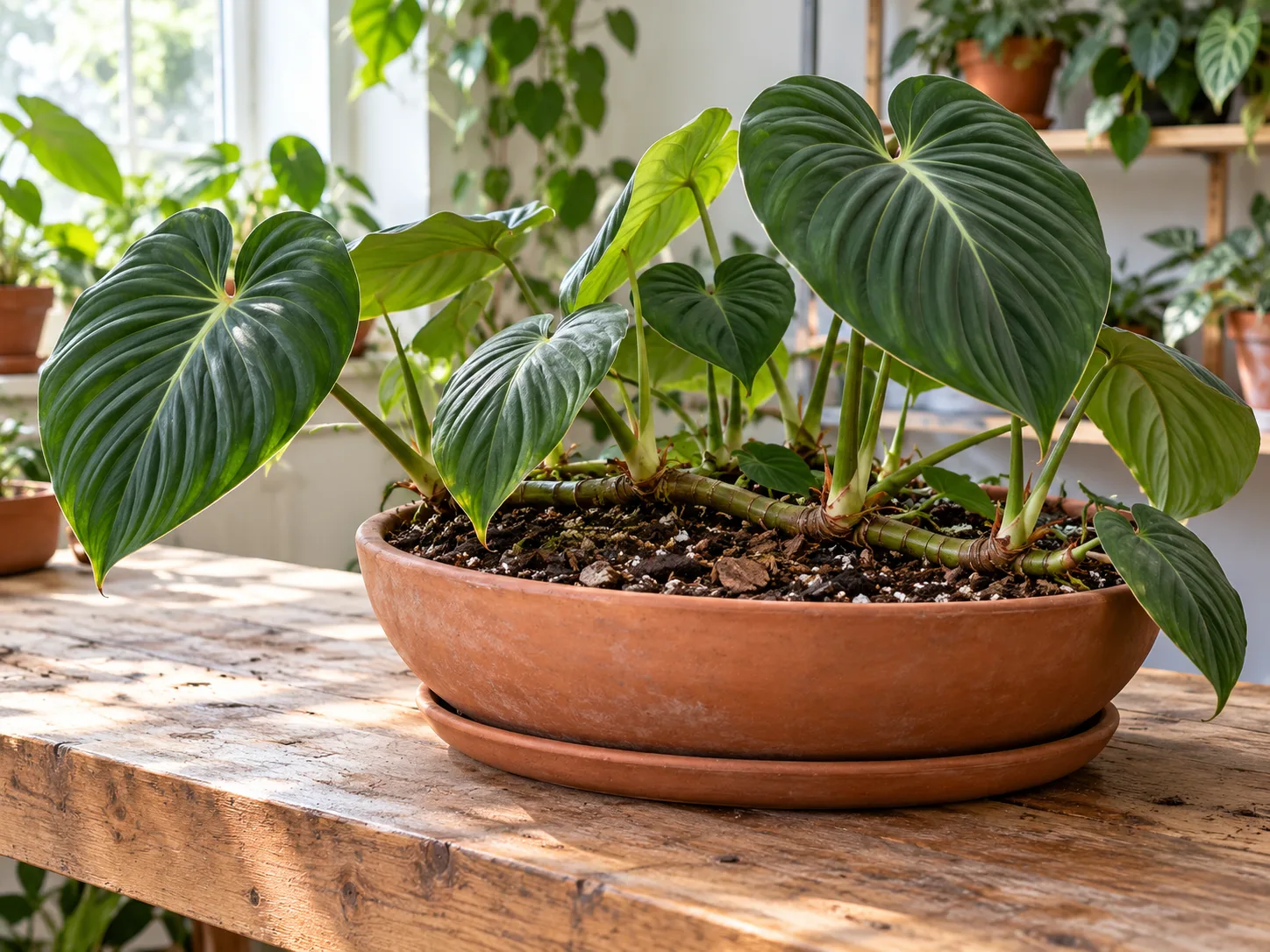 Philodendron plowmanii growing horizontally in a broad, shallow planter