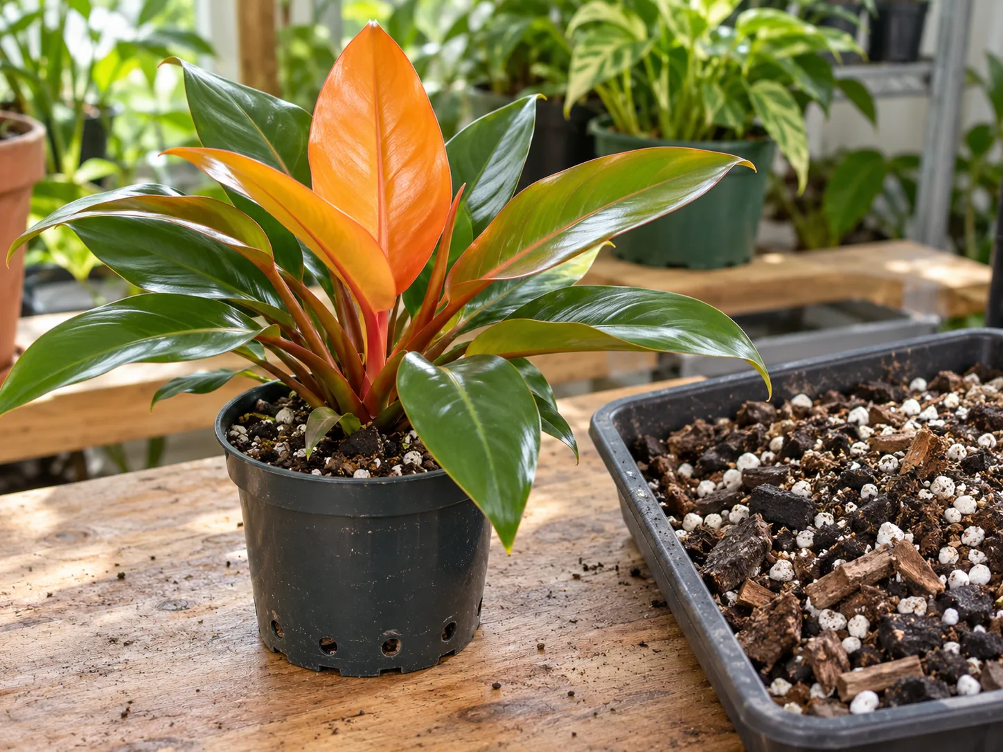 Philodendron ‘Prince of Orange’ in a drainage pot beside coarse bark, perlite, and airy aroid mix