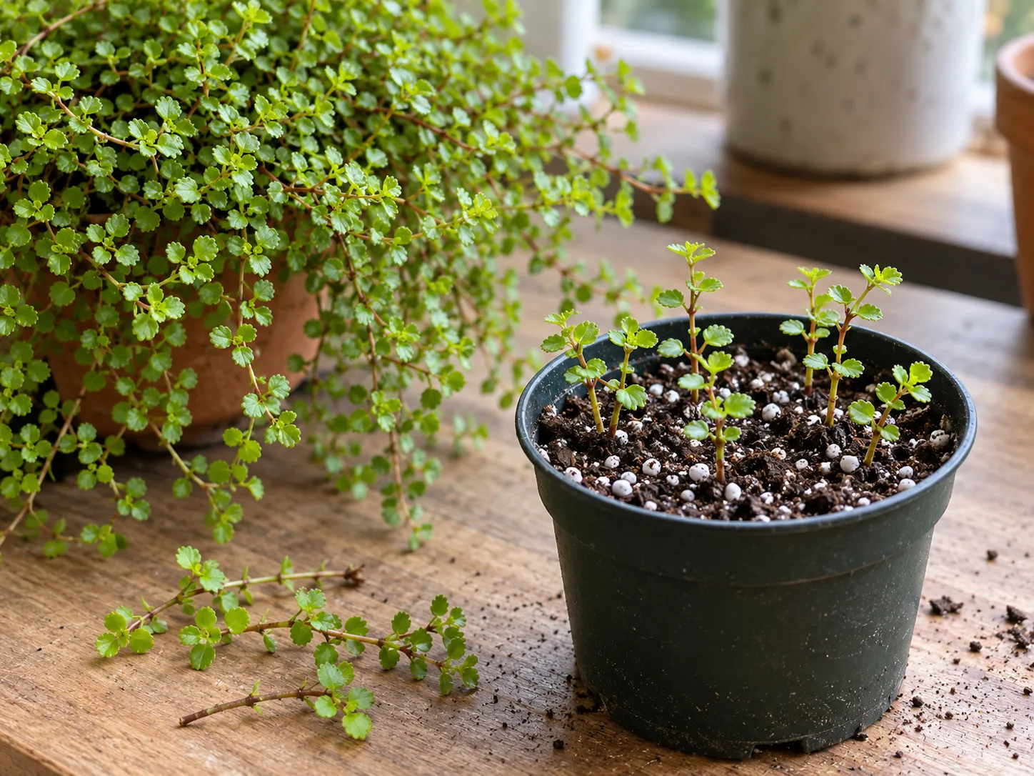 Small Pilea stem cuttings being set into a light, moist propagation mix.