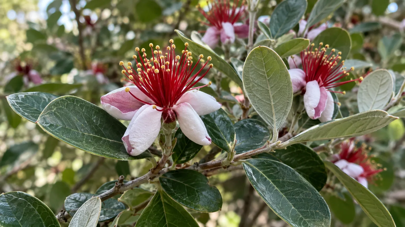 Pineapple guava flowers with pale petals and red stamens among silvery-backed leaves