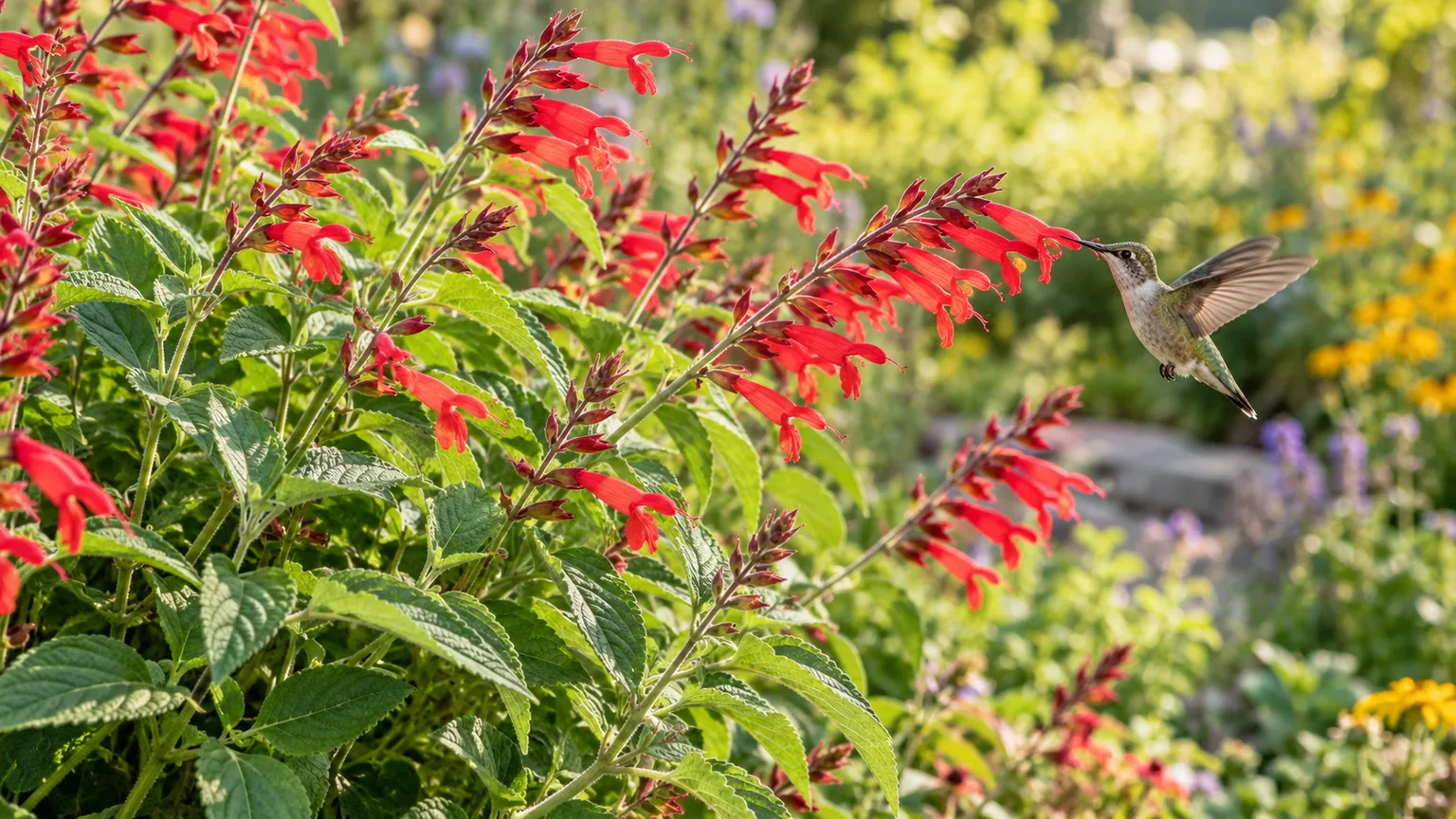 Scarlet pineapple sage flowers attract a hummingbird in a late-summer garden.