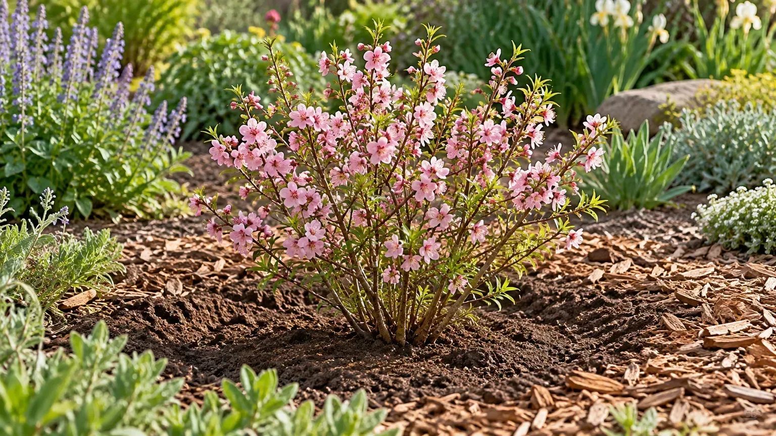 Pink-flowering almond shrub grown as an ornamental; it is different from an edible almond tree