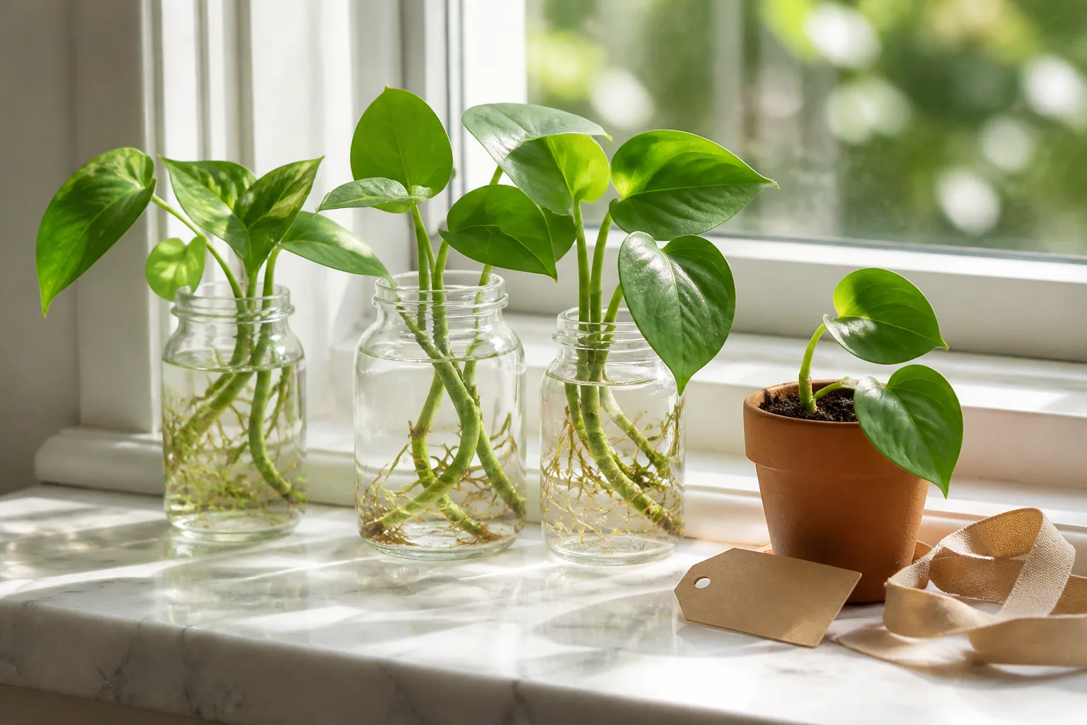 Stem cuttings rooting in jars beside a newly potted houseplant