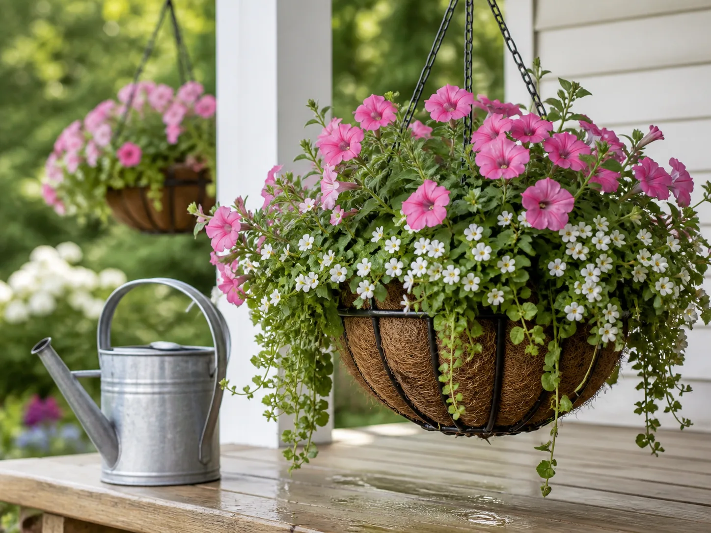 Watering a flowering hanging basket at the soil line to keep foliage dry