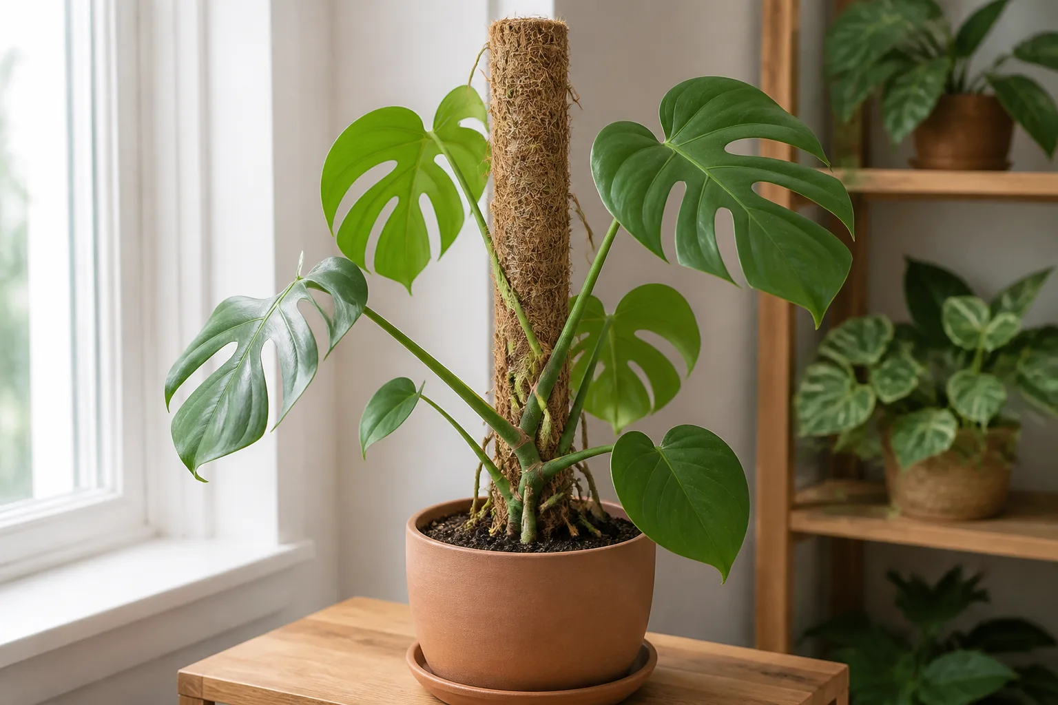 A vining houseplant trained around a moss pole in its pot