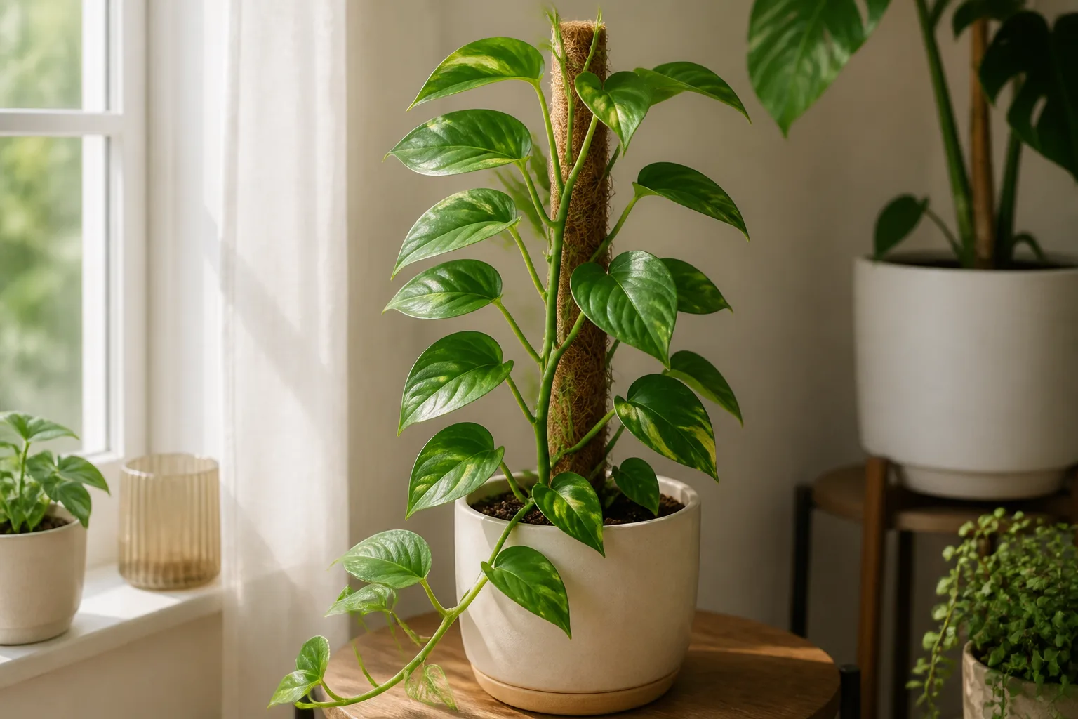 Leggy pothos leaning toward a window for more light
