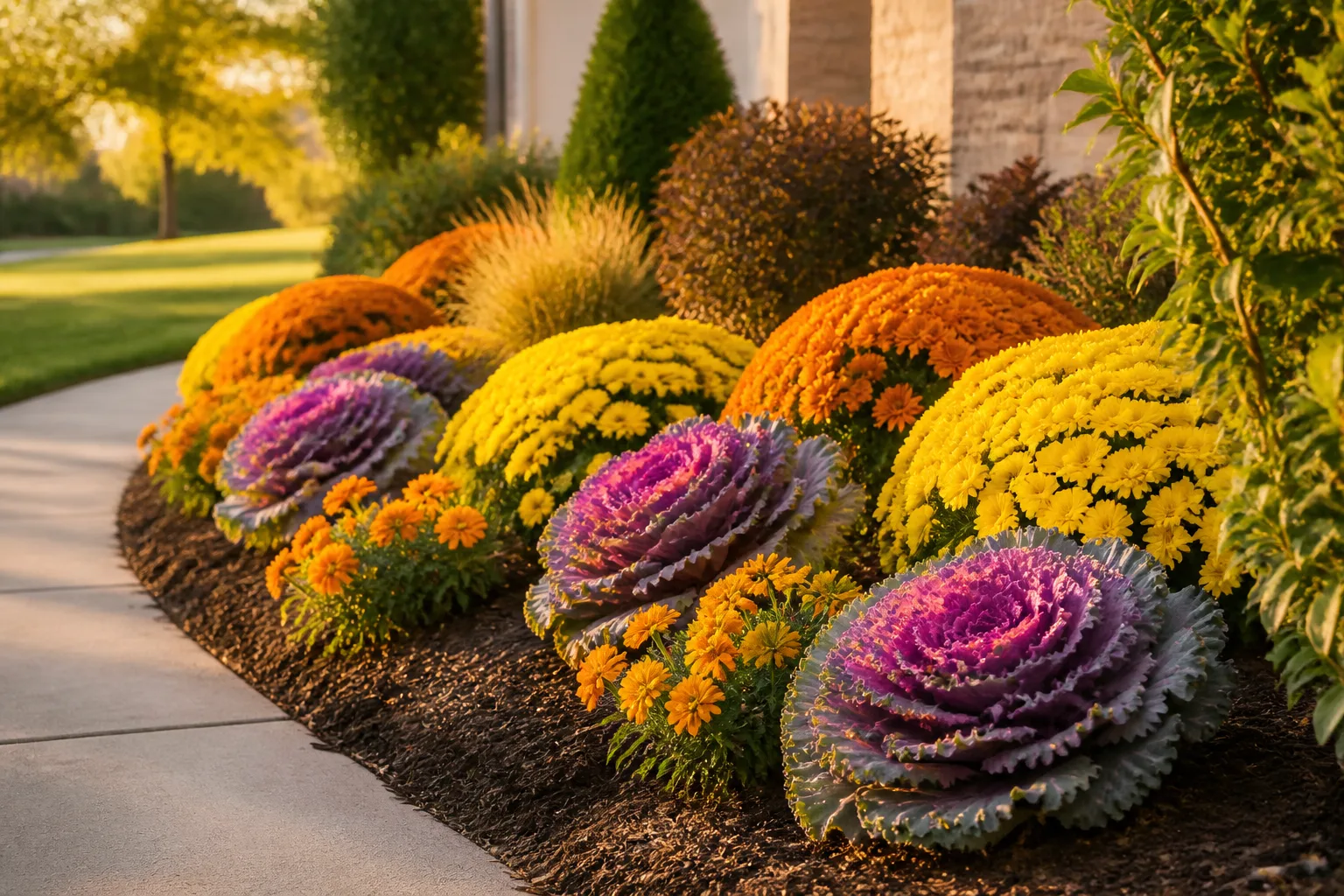 Mixed late-summer annual flower bed with marigolds, zinnias, and petunias in full sun