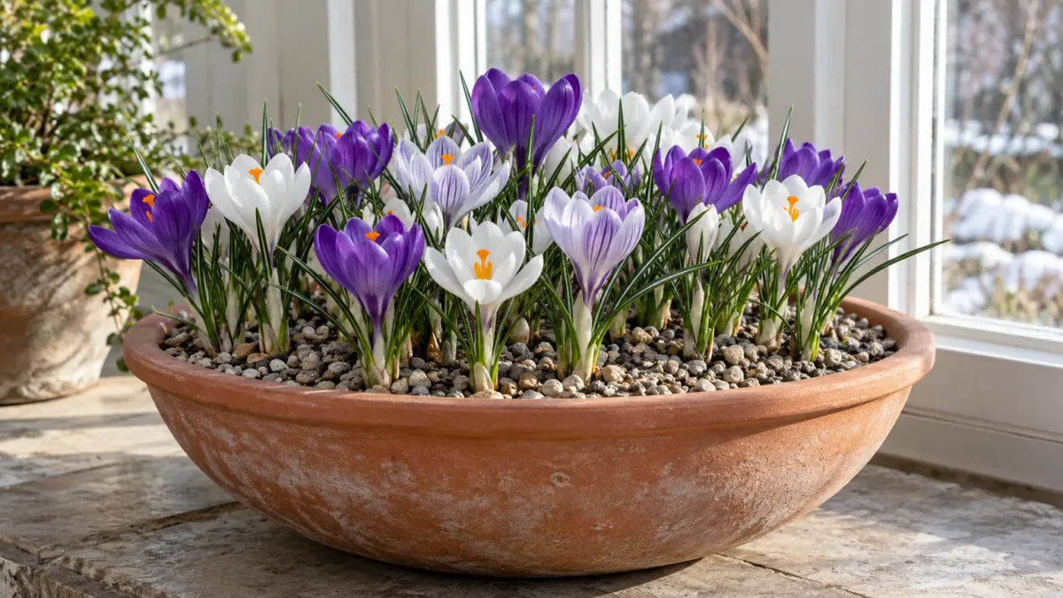A shallow container of spring crocuses flowering in a cool, bright window