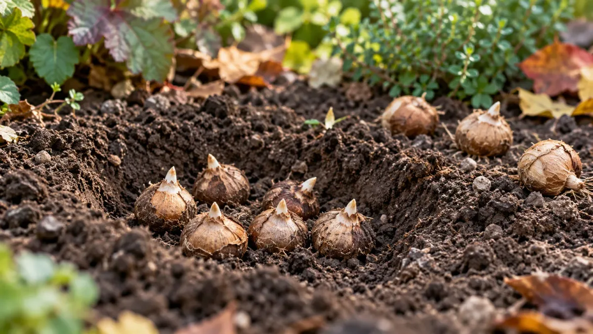 Spring crocus corms arranged point-up in loose soil before fall planting