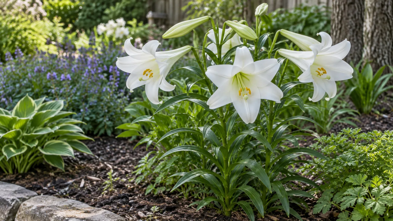 White Easter lily flowers blooming on tall stems in a sunny garden bed