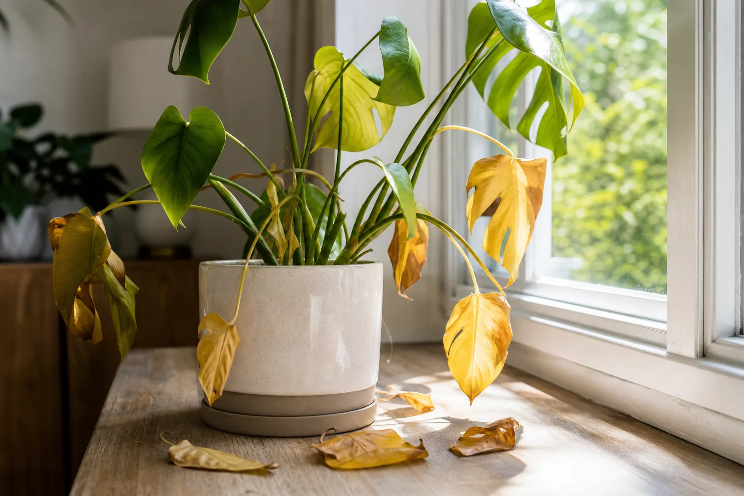 Houseplant with yellowing leaves dropping onto a table near a bright summer window