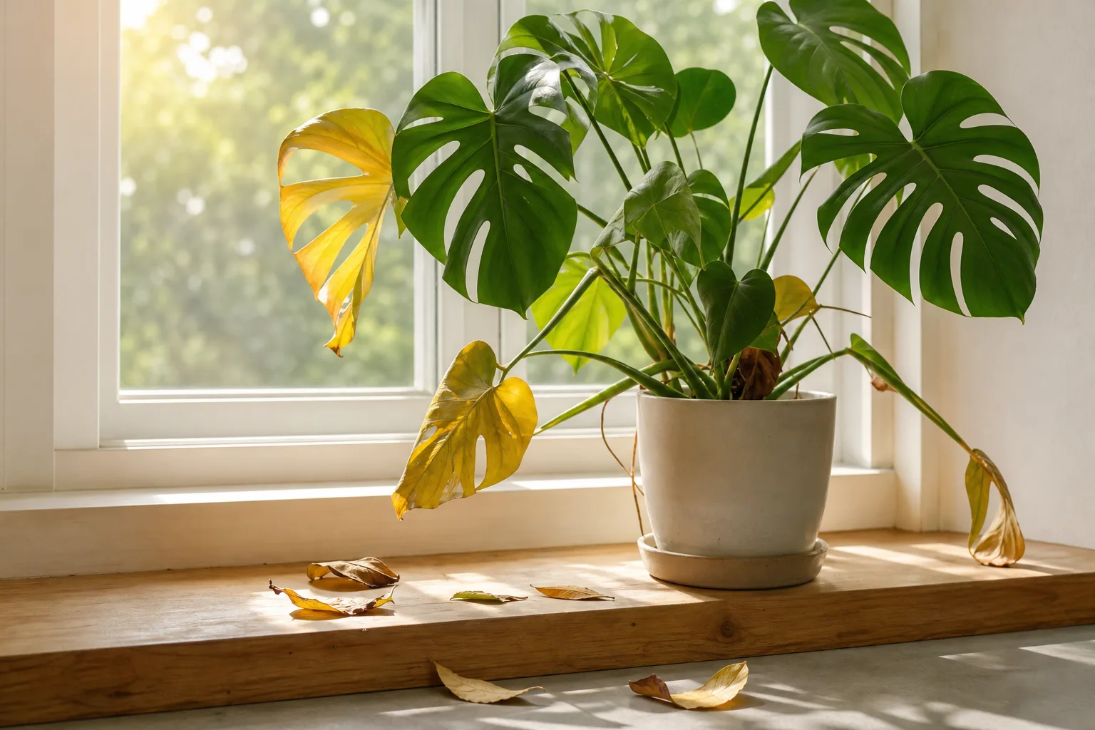 Houseplant with yellowing and dropping leaves on a windowsill during summer