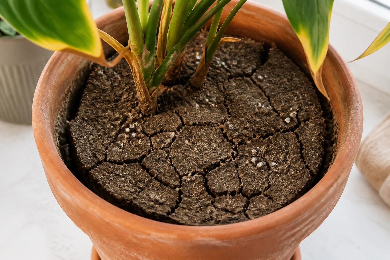 Close-up of dry cracked potting soil pulling away from the sides of a terracotta pot