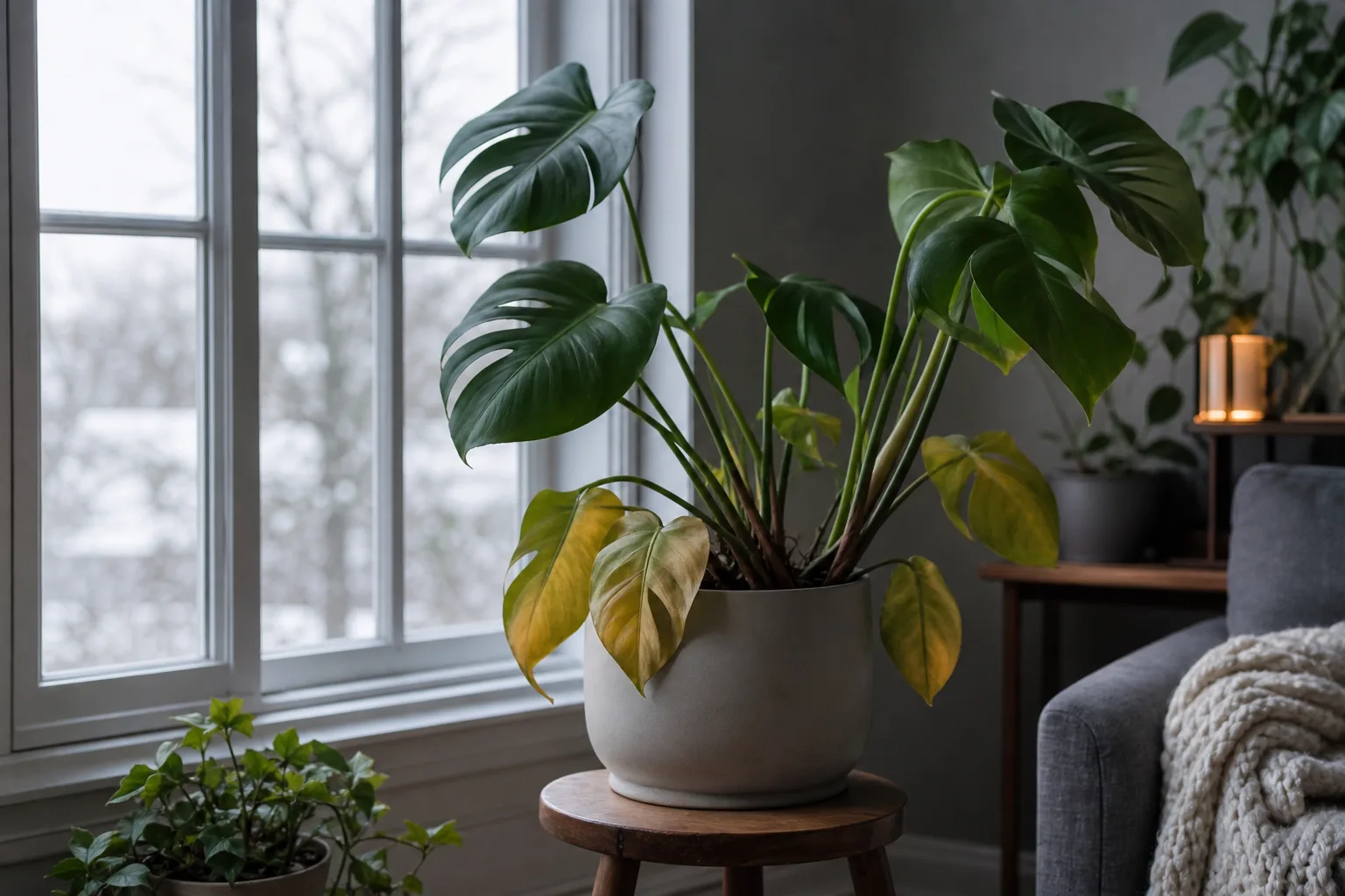 Houseplants in weak winter window light with stressed lower foliage