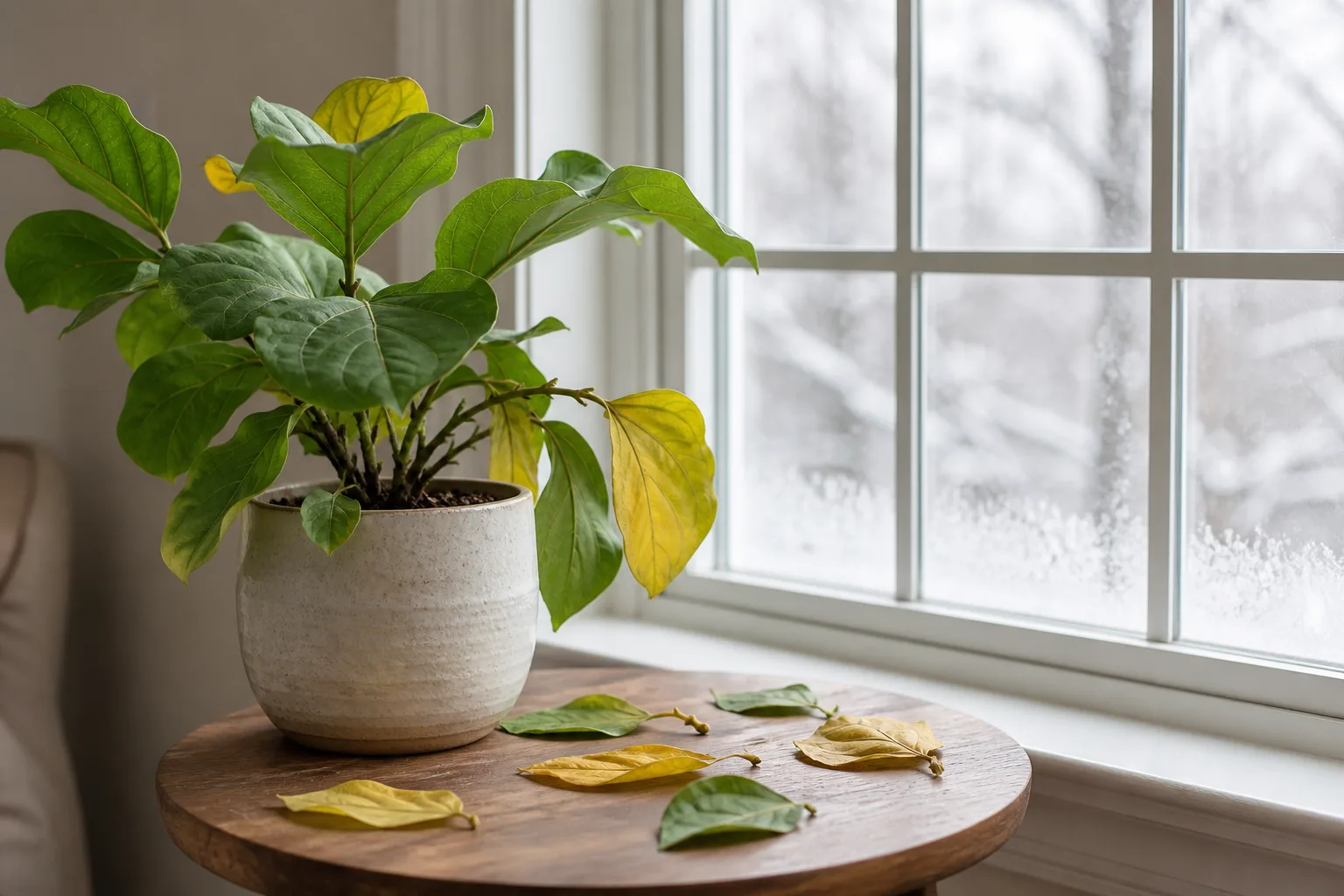 A houseplant with fallen leaves on the table beside the pot in front of a frosty winter window