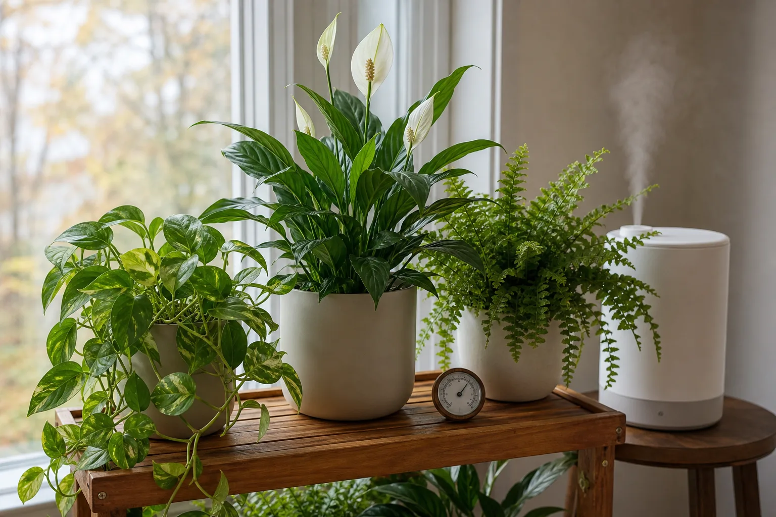 Indoor plant shelf prepared for winter light and humidity care