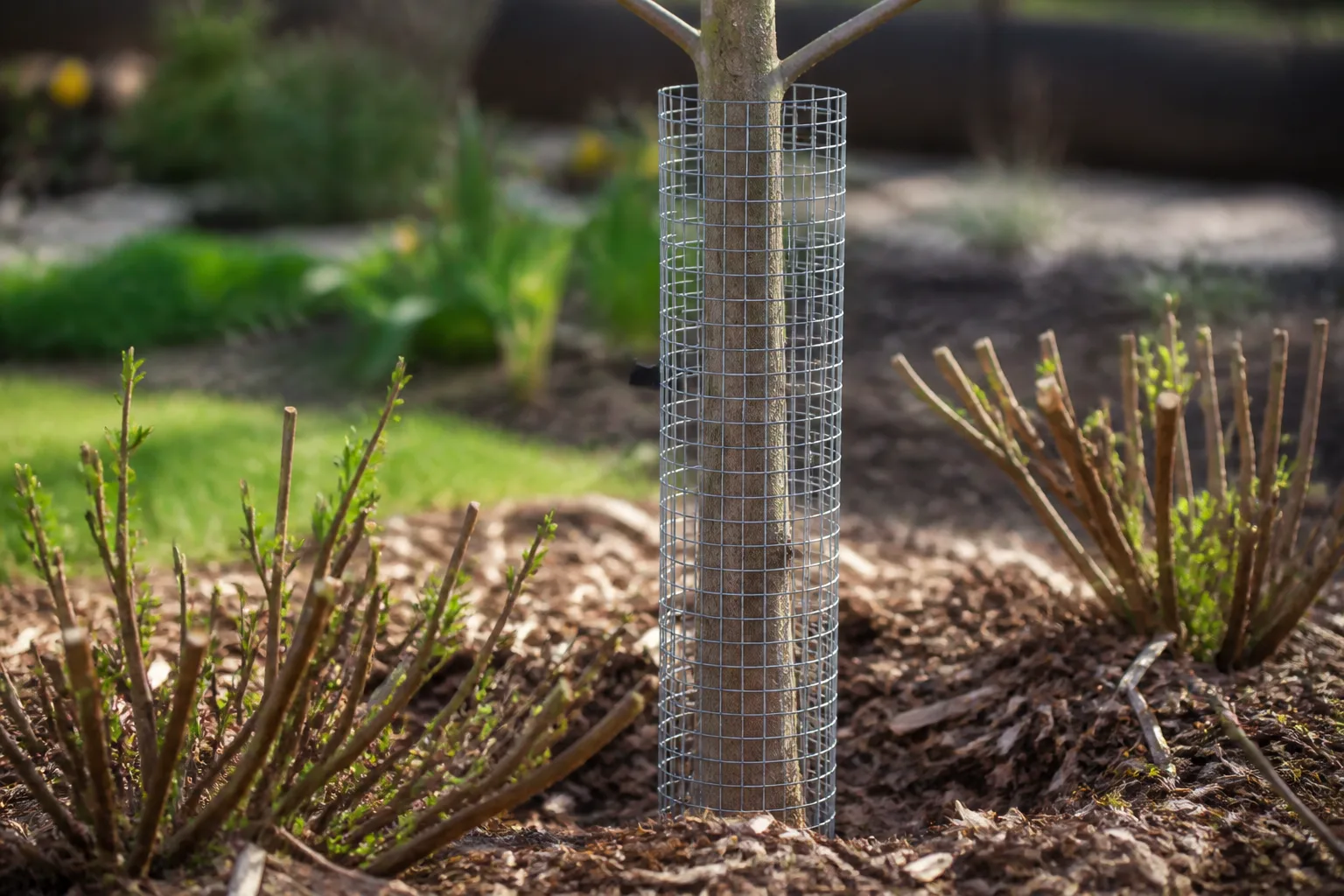 Mesh barrier protecting a garden bed from rabbit browsing
