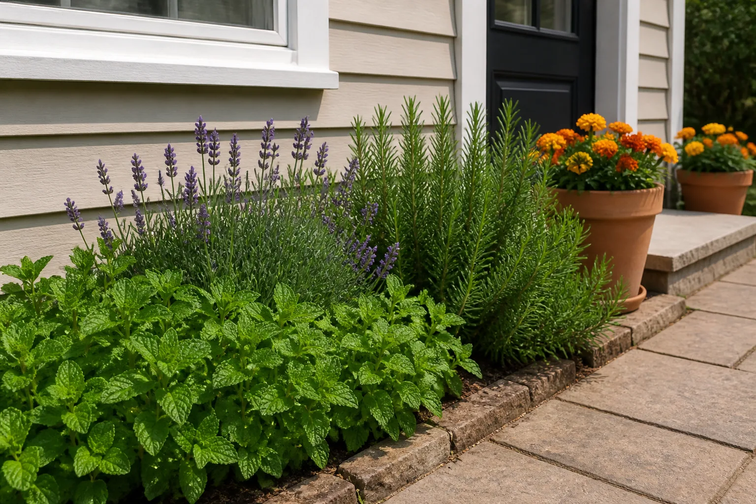 Lavender, rosemary, mint, and marigolds planted along a sunny patio edge and house foundation as an ant-repellent herb border