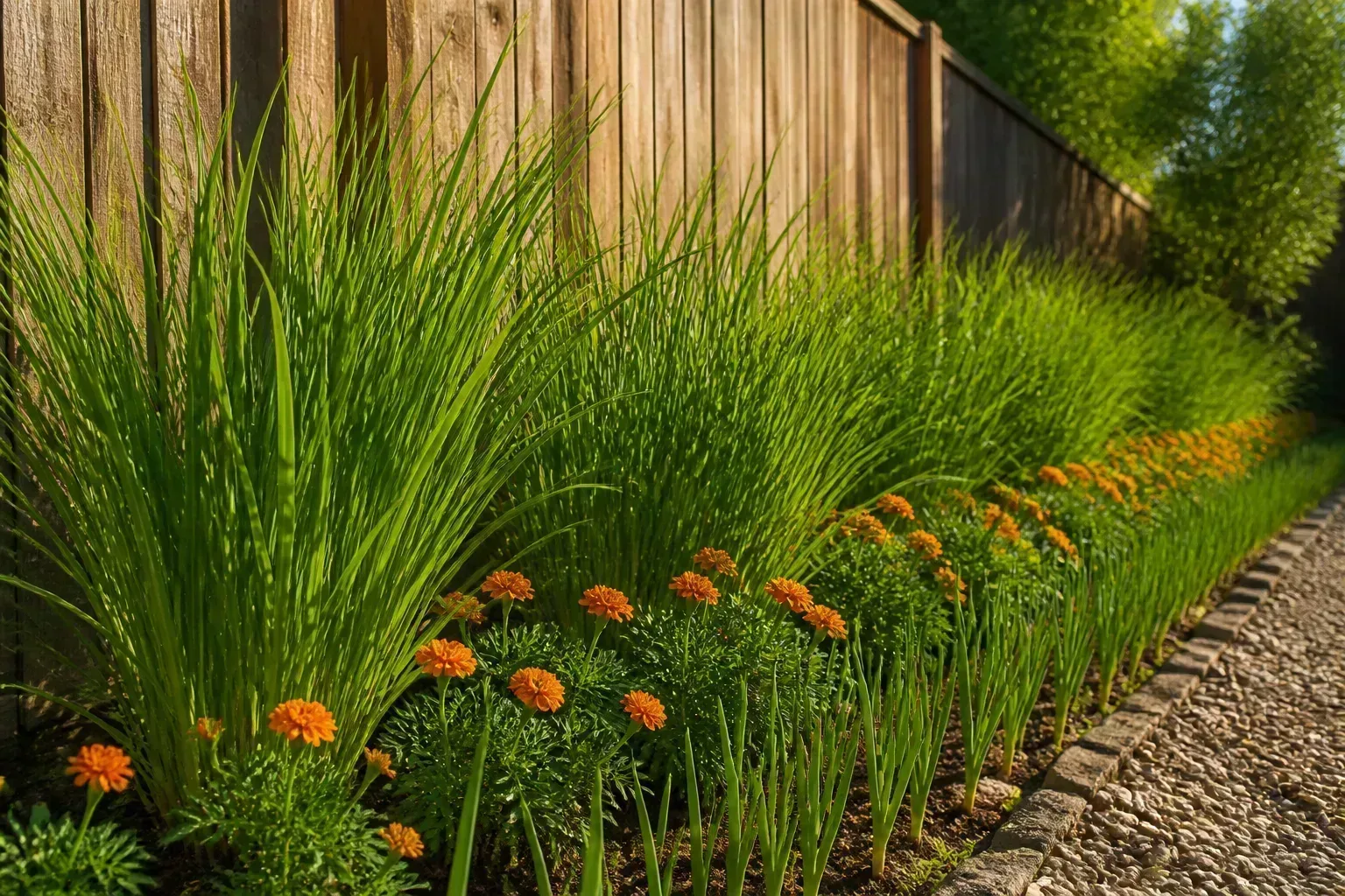 Outdoor garden border beside a fence, illustrating the sheltered yard conditions where snake signs may appear