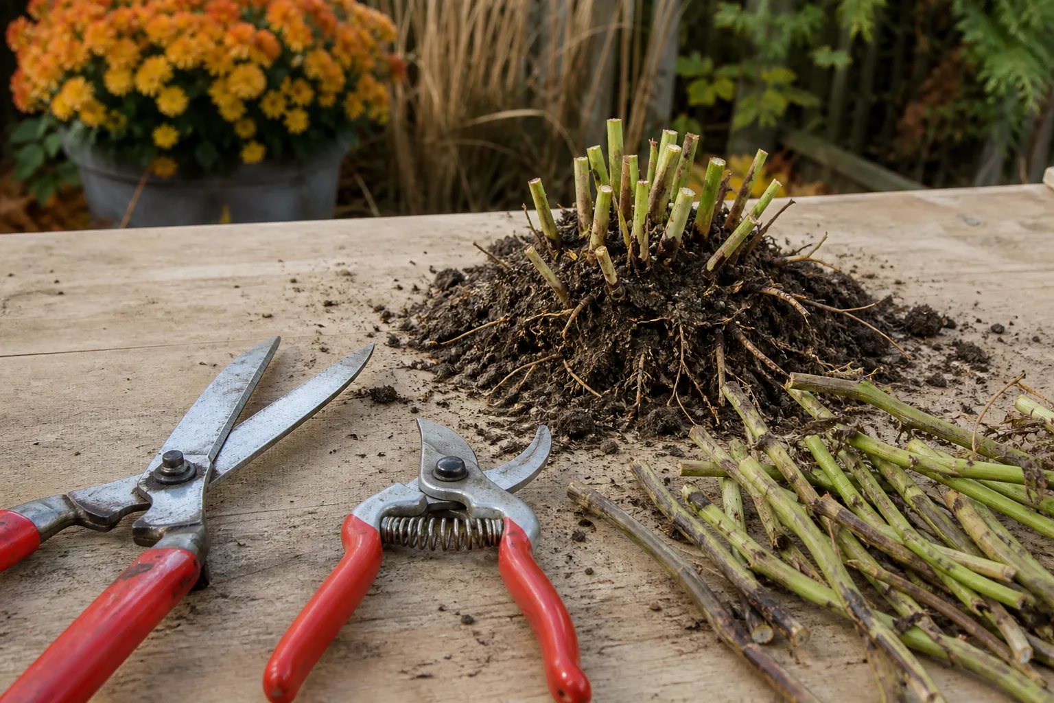 Garden pruners beside a low-cut perennial crown and cleared stems