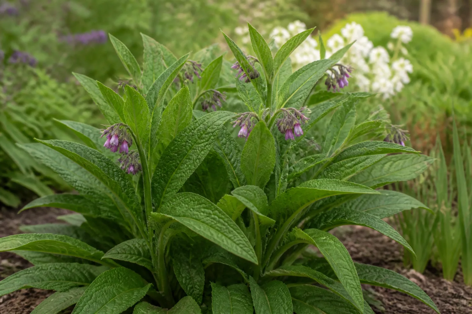 Healthy comfrey with rough green leaves and nodding purple bell-shaped flowers in a garden bed