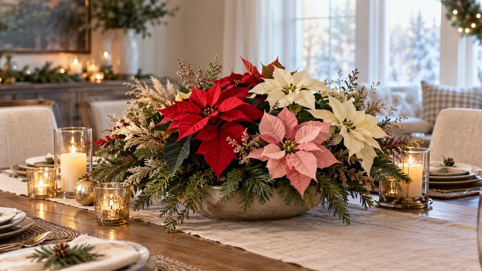 A holiday arrangement of red, white, and pink poinsettias on a dining table
