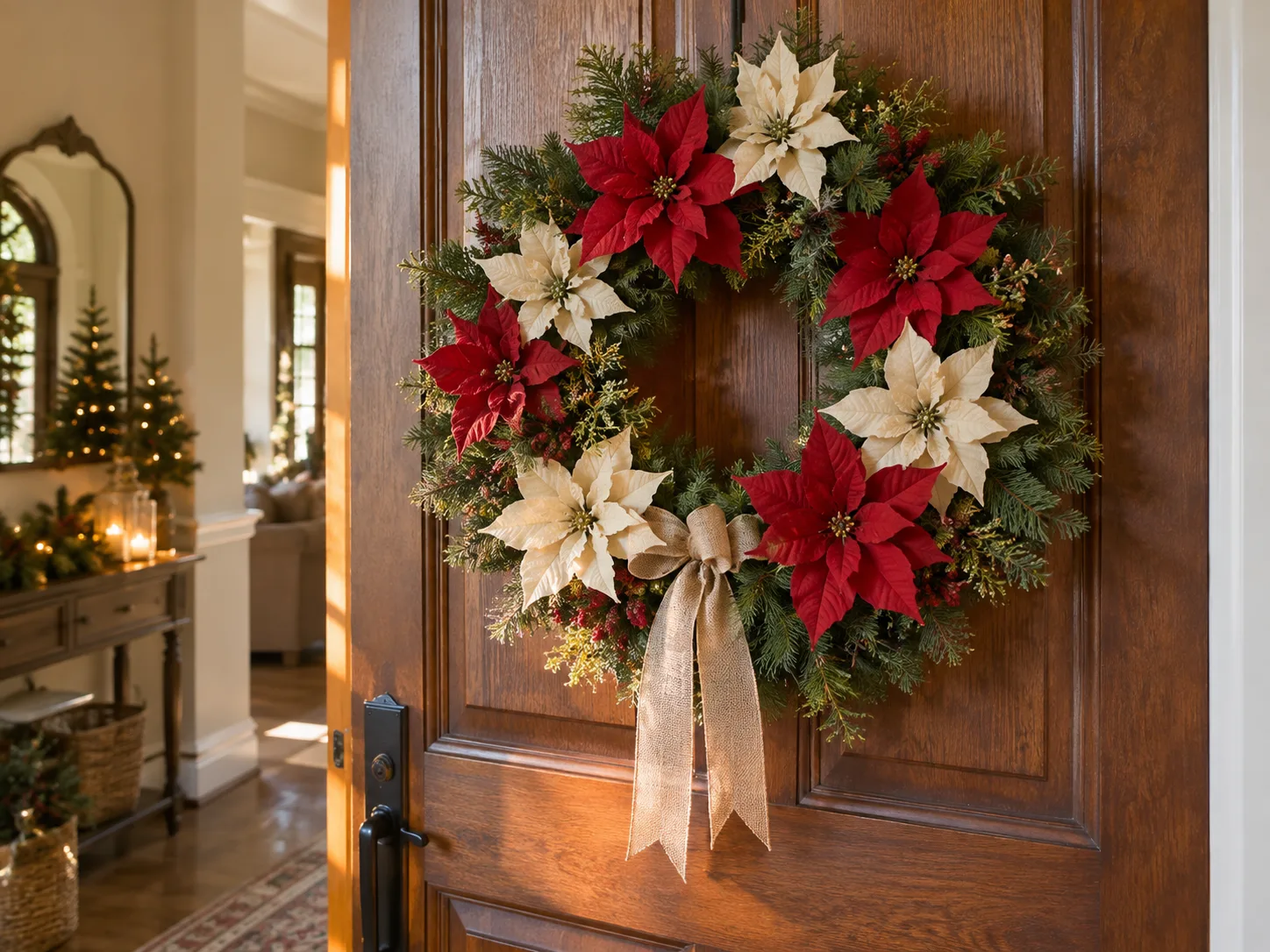 Red, white, and pink poinsettias arranged with evergreen branches for holiday color