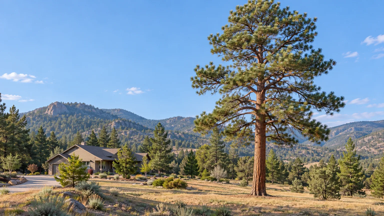 Mature Ponderosa pine growing in a sunny open landscape with space from a home and surrounding structures