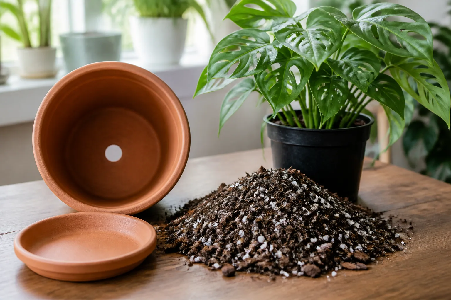 Houseplant pot with drainage holes and empty saucer after winter watering