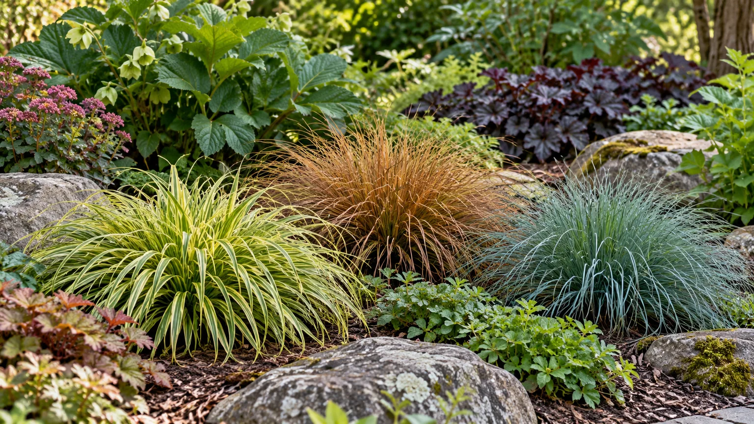 Ornamental sedges with gold, green, and bronze foliage in a temperate garden border