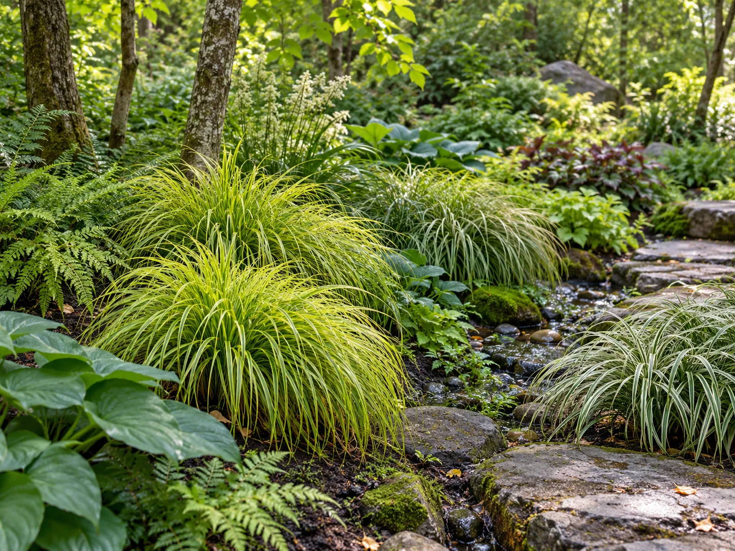 Golden sedges planted in a partly shaded, damp garden border