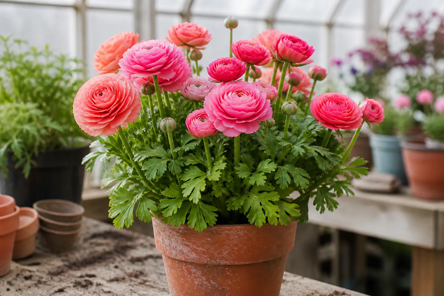 Pink ranunculus blooming in a container in a bright growing space