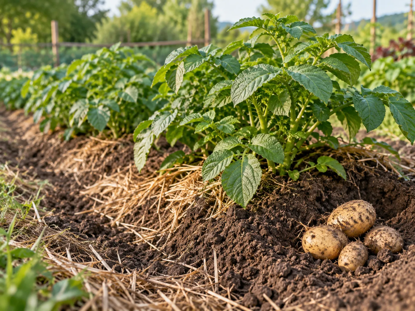 Potato foliage and developing tubers exposed during a careful soil check