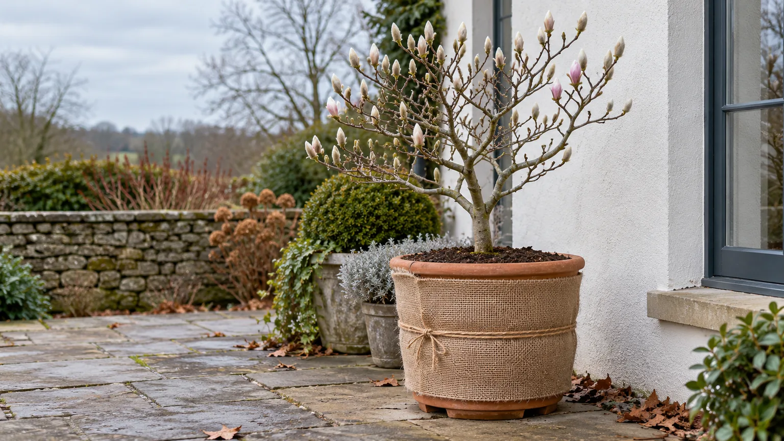 Dormant star magnolia in a terracotta pot with burlap insulation around the container