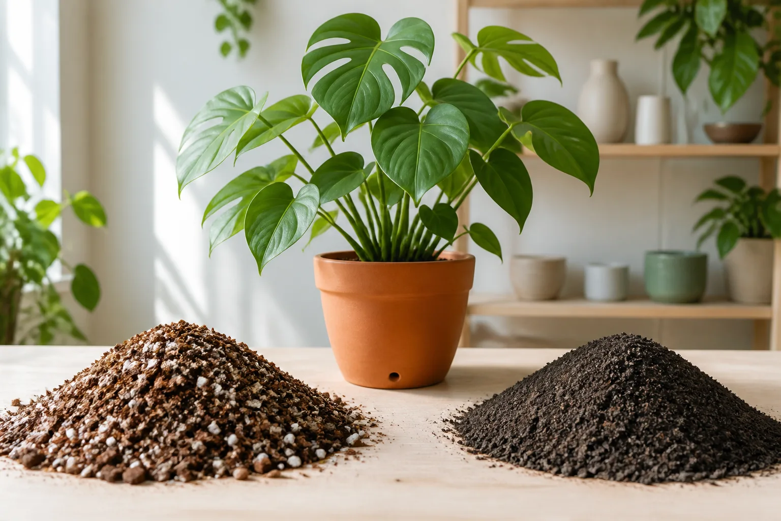 Potted plant between piles of potting mix and garden soil