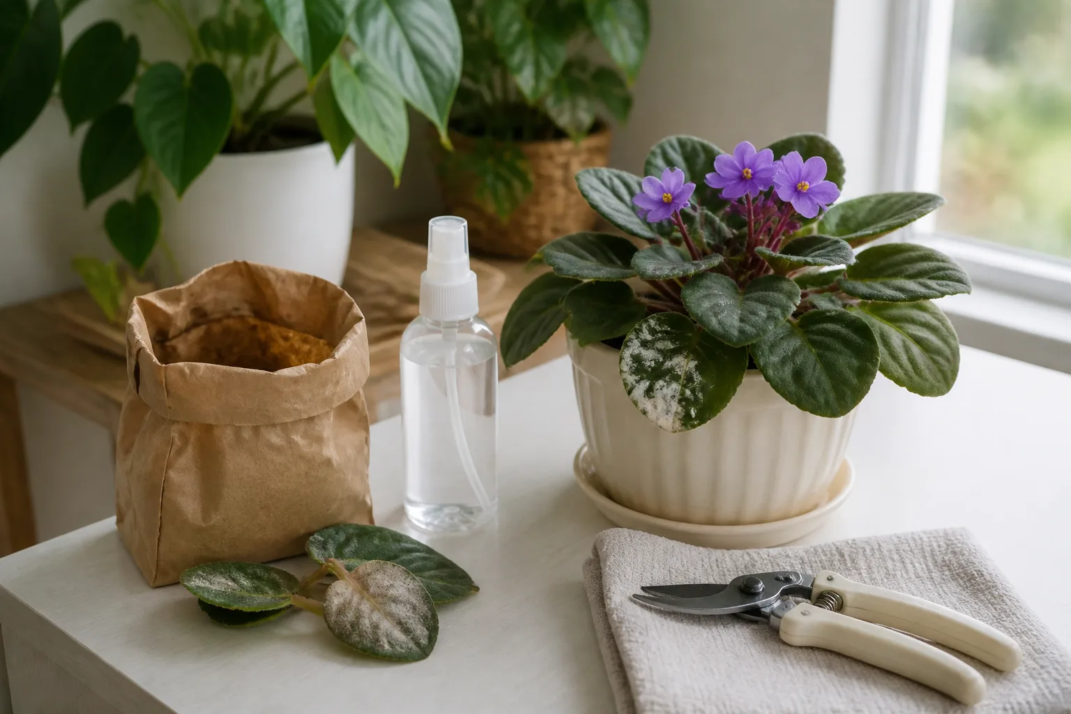 African violet with powdery mildew beside a spray bottle and pruning shears