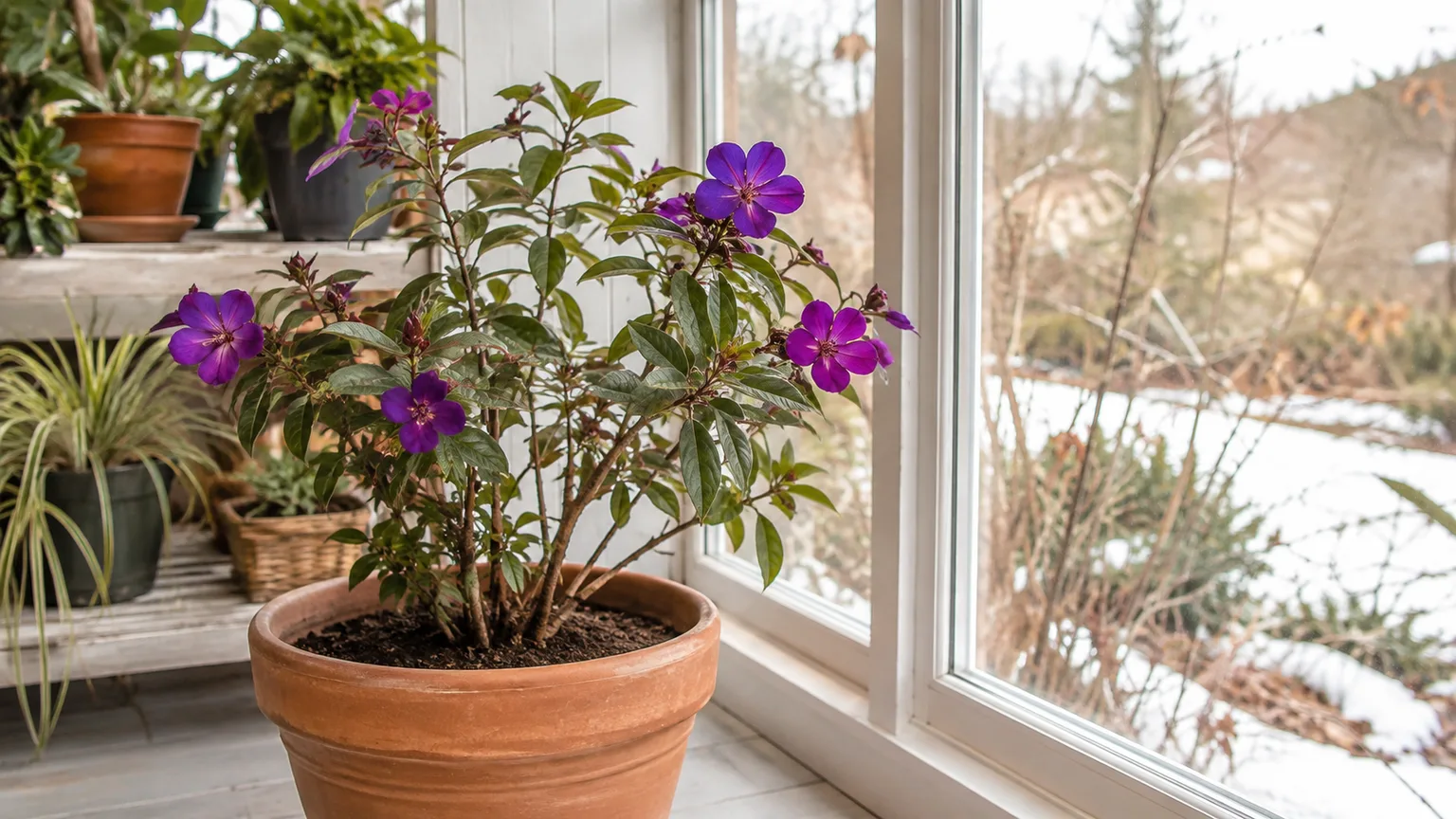 A potted purple-flowering shrub kept beside a bright window for winter protection; the pictured plant is an example, not blue potato bush.