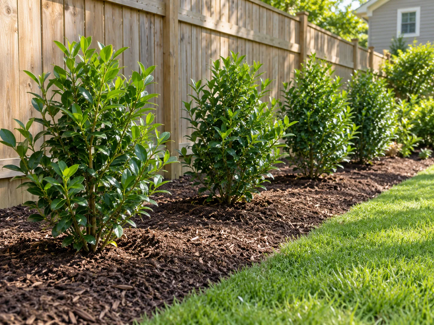 Young privet shrubs spaced along a prepared planting bed beside a fence